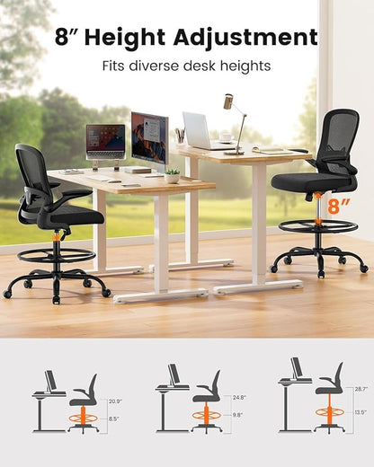 ErGear Drafting Chair, Standing Desk Chair with Flip-Up Armrests, High Desk Chair Adjustable Height, Ergonomic Tall Office Chair with Lumbar Support and Adjustable Footrest Ring,10 Pack