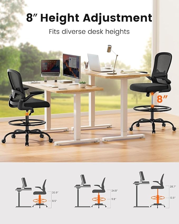 ErGear Drafting Chair, Standing Desk Chair with Flip-Up Armrests, High Desk Chair Adjustable Height, Ergonomic Tall Office Chair with Lumbar Support and Adjustable Footrest Ring,6 Pack