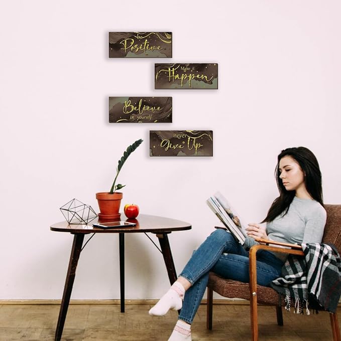 FENCORDAR 4 Piece Brown and Gold Wall Decor Set Motivational Wall Decor Inspirational Wooden Signs for Bedroom Bathroom Women’s Office Abstract Elegant Art for Home or Office Decoration 10X4 Inches