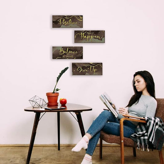 FENCORDAR 4 Piece Brown and Gold Wall Decor Set Motivational Wall Decor Inspirational Wooden Signs for Bedroom Bathroom Women’s Office Abstract Elegant Art for Home or Office Decoration 10X4 Inches