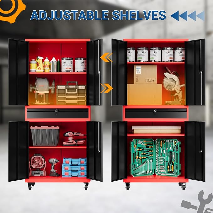 Fesbos 73" Metal Cabinet-Black & Red Heavy Duty Rolling Storage Cabinet Steel Tool Cabinets with Wheels, Shelves, Lockable Doors and Drawers- for Garage, Warehouse Home Office- Assembly Required