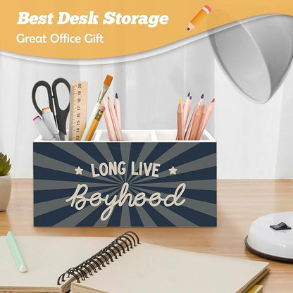 Boys Room Decor Pen Holder Organizer for Desk Accessories, Kids Room Decor, Long Live Boyhood Boy Nursery Wooden Box Sign Desk Decorations for Kids Boys Bedroom Playroom