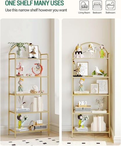 Hzuaneri Bookcase Bookshelf, Tempered Glass Bookshelves, Slim Shelving Unit for Bedroom, Bathroom, Home Office, Steel Frame, 5 Tier Gold BC21599G