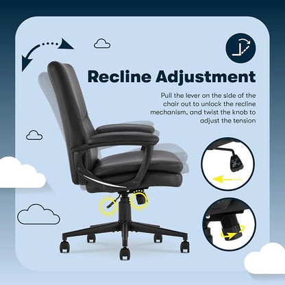 Serta Comfort Modern Executive Office Chair, Ergonomic Mid-Back Computer DeskChair, Semi Plush Cushion Seat, Double-Layer SertaQuality Foam, Padded Armrests, Metal Swivel Base, Bonded Leather, Black