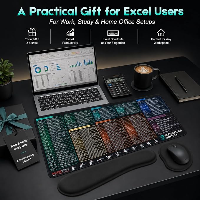 Excel Cheat Sheet Mouse Pad Set, 3-Piece XXL Excel Shortcut Desk Mat with Keyboard Wrist Rest & Mouse Wrist Rest, Non-Slip Spreadsheet Reference Pad for Office, Accountants, Students, Carbon Black
