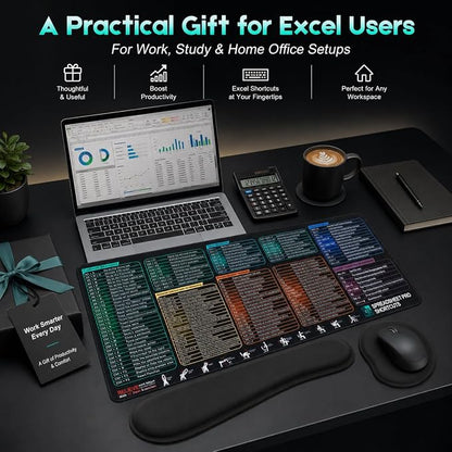 Excel Cheat Sheet Mouse Pad Set, 3-Piece XXL Excel Shortcut Desk Mat with Keyboard Wrist Rest & Mouse Wrist Rest, Non-Slip Spreadsheet Reference Pad for Office, Accountants, Students, Carbon Black