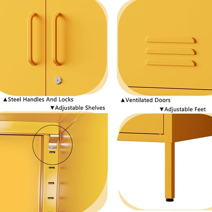 47.5" Wide Yellow Metal Storage Cabinet with Lock and Ventilated Doors, 2 Adjustable Shelves, Heavy Duty Home Metal Accent Locker for Kitchen Office Living Room Hallway