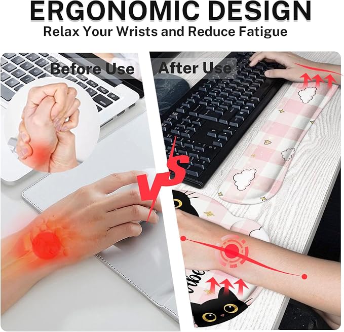 Britimes Pink Cat Kawaii Keyboard Mouse Pad Set Cloud Gingham 4in1 Large Mousepad+Keyboard Wrist Rest+Mouse Wrist Rest+Coaster Ergonomic Design for Home Office Computer 35.4x15.7 inches