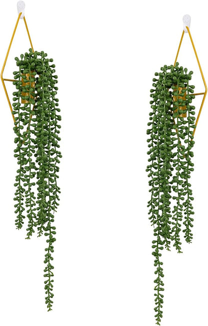2 Pack Artificial Hanging Plants with Geometric Metal Wall Planter, Faux String of Pearls Hanging Plant, Fake Succulent Vine Potted Plant for Wall Decor, Indoor Outdoor Home Office Garden Patio Decor
