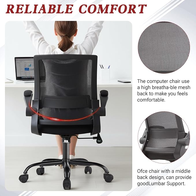 Mesh Office Chair with Flip-Up Armrests – Standard Issue Office Chair, Swivel Rolling Desk & Work Chair with Lumbar Support, Ergonomic Computer Chair for Home Office, Corporate Office, Black