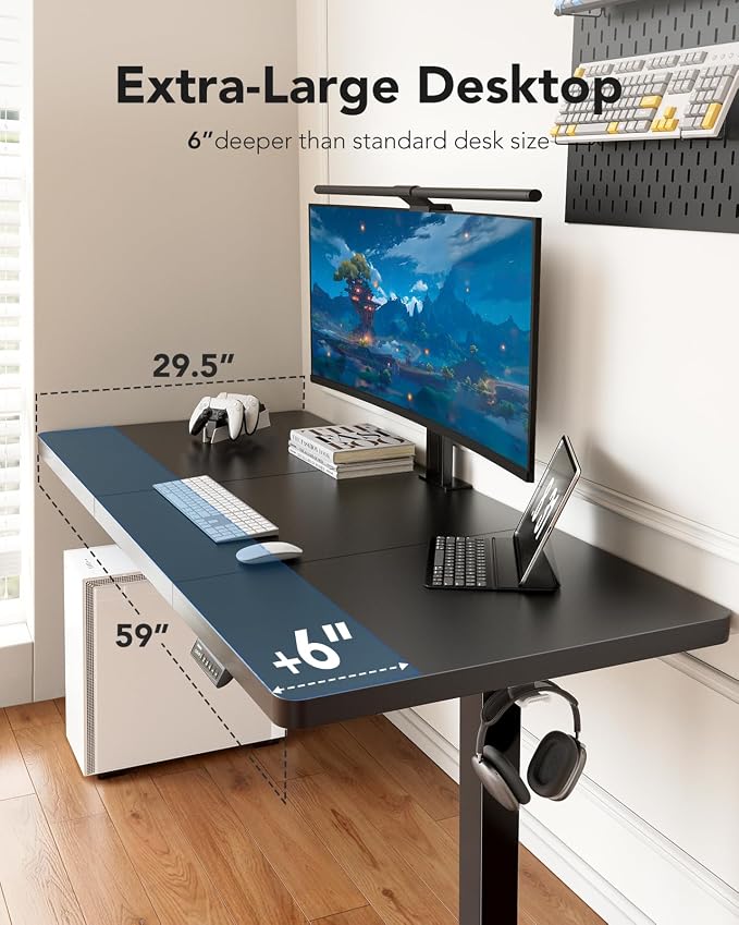 HUANUO 60 x 30 inch Large Standing Desk, Powerful Brushless Motor Large Height Adjustable Table, 4 Memory Preset Stand Up Work Station Sit Stand Desk, Home Office with Thick T-Shaped Frame