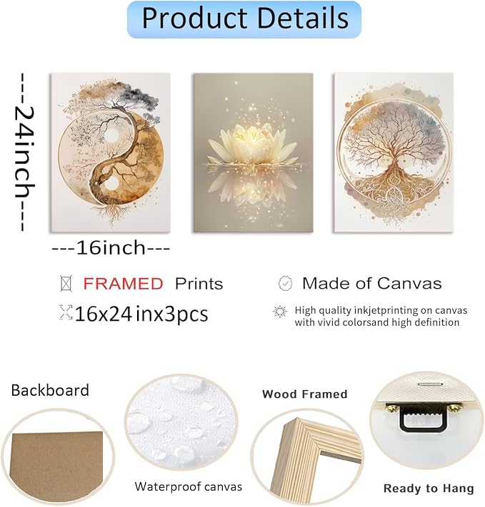 Tree of Life Wall Art Canvas Framed Set of 3 Lotus Zen Wall Decor Painting Poster Abstract YinYang Fall Art Picture Print Artwork for Living Room Yoga Room Bedroom Home Decoration 16x24 inch