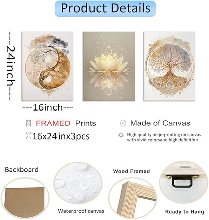 Tree of Life Wall Art Canvas Framed Set of 3 Lotus Zen Wall Decor Painting Poster Abstract YinYang Fall Art Picture Print Artwork for Living Room Yoga Room Bedroom Home Decoration 16x24 inch