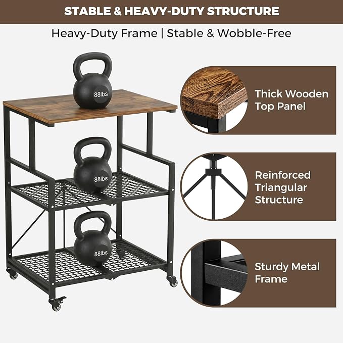 DEANIC Heavy Duty 3-Tier Printer Stand with Locking Wheels, 23.6 x 18.9 x 30 Inches Folding Printer Table with Storage, Large Printer Table Shelf, Easy Assembly for Home Office, Black