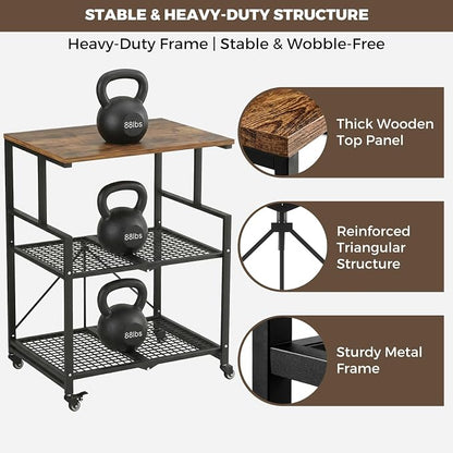 DEANIC Heavy Duty 3-Tier Printer Stand with Locking Wheels, 23.6 x 18.9 x 30 Inches Folding Printer Table with Storage, Large Printer Table Shelf, Easy Assembly for Home Office, Black