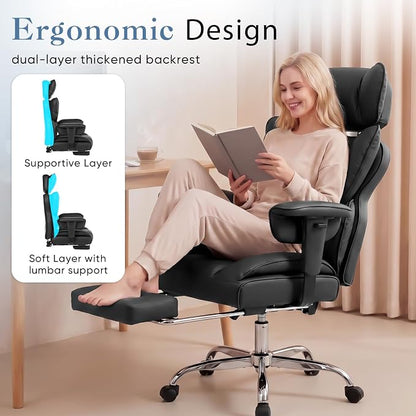 DUMOS Big and Tall Home Office Desk Chair, Ergonomic Executive Chair with Footrest, Computer Gaming Chairs with High Back Reclining, Adjustable Armrests and Comfy Lumbar Support, PU Leather, Black