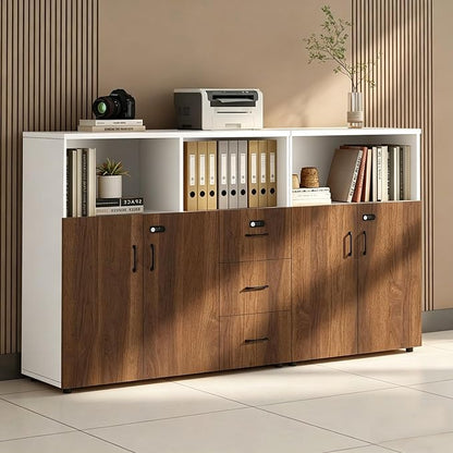 File Cabinet with Password Lock, Wood Lateral Filing Cabinet for Letter/A4 Files, 3 Drawer with Door, Printer Stand with Open Shelves for Home Office