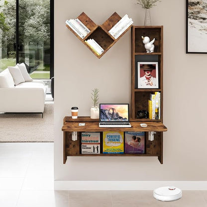 Folding Wall Mounted Drop Leaf Table, Foldable Desk with Moveable Cabinets, Floating Laptop with Convertible Storage Shelves, Multifunctional Computer Workstation in Home for Space Saving