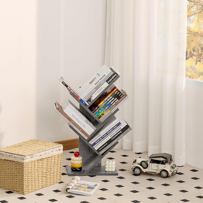 SHEEPAM 5 Tier Tree Book Shelf, Small Desktop Bookshelf with Storage Organizer, Wood Bookcase, Desk Display Bookshelves, Floor Standing Organizer Bookcases for Living Room,Bedroom,Office - Light Grey