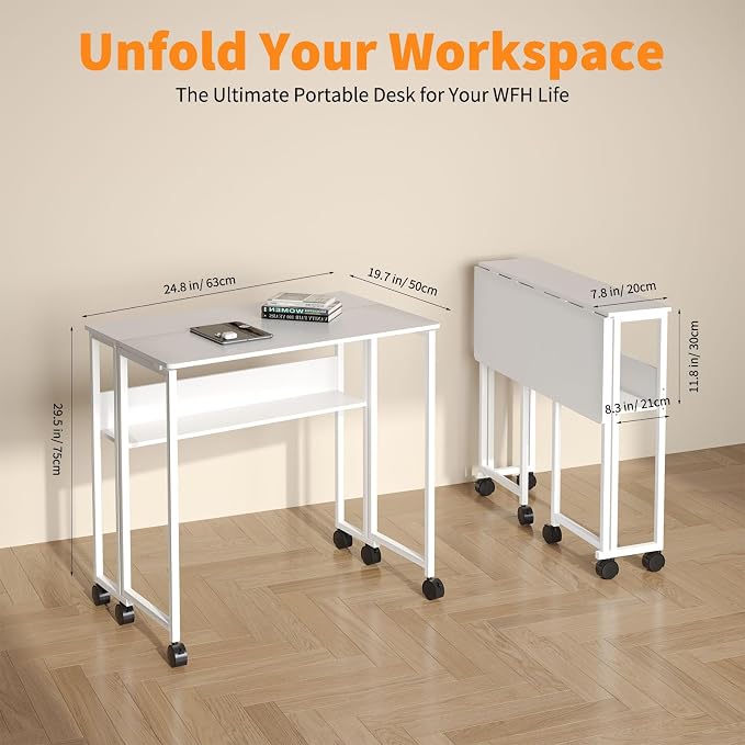 24.8" Folding Rolling Desk with Storage Shelf, Small Foldable Computer Table on Wheels for Home Office & Small Spaces, Portable Workstation with Brakes, White