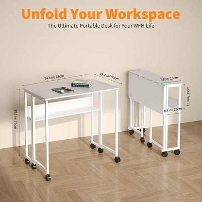 24.8" Folding Rolling Desk with Storage Shelf, Small Foldable Computer Table on Wheels for Home Office & Small Spaces, Portable Workstation with Brakes, White