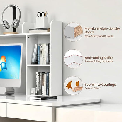 Desk Hutch Dorm White, 3-Tire Wood Desk Shelf Storage Organizer for Office Home