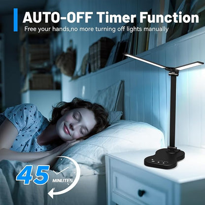 LED Desk Lamp with USB Charging Port, 5 Color Modes 10 Brightness, Dual Swing Arm Dimmable Desk Lamps for Home Office Nail Dorm (Black)