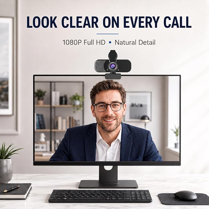 1080P Webcam with Microphone and Physical Privacy Cover, Noise Cancelling USB Web Camera, Auto Light Correction, Plug and Play, Wide Angle PC Camera for Zoom, Online Class, Laptop/Desktop