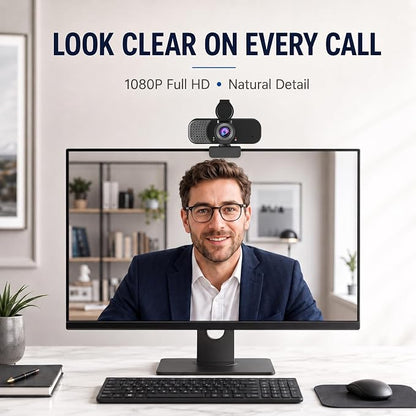 1080P Webcam with Microphone and Physical Privacy Cover, Noise Cancelling USB Web Camera, Auto Light Correction, Plug and Play, Wide Angle PC Camera for Zoom, Online Class, Laptop/Desktop