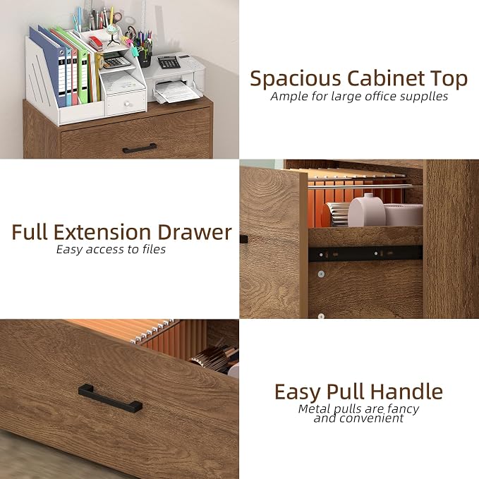Lateral File Cabinet, Home Office Printer Stand, 2 Drawer Filing Cabinets, Large Wood Filing Cabinet for Hanging Files/Letter Size, Brown
