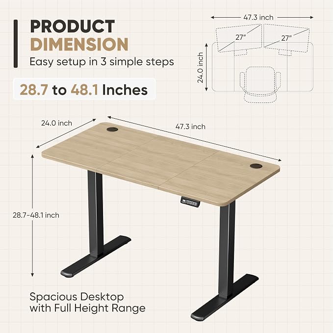 Furmax Electric Height Adjustable Standing Desk Large 48 x 24 Inches Sit Stand up Desk Home Office Computer Desk Memory Preset with T-Shaped Metal Bracket, Maple