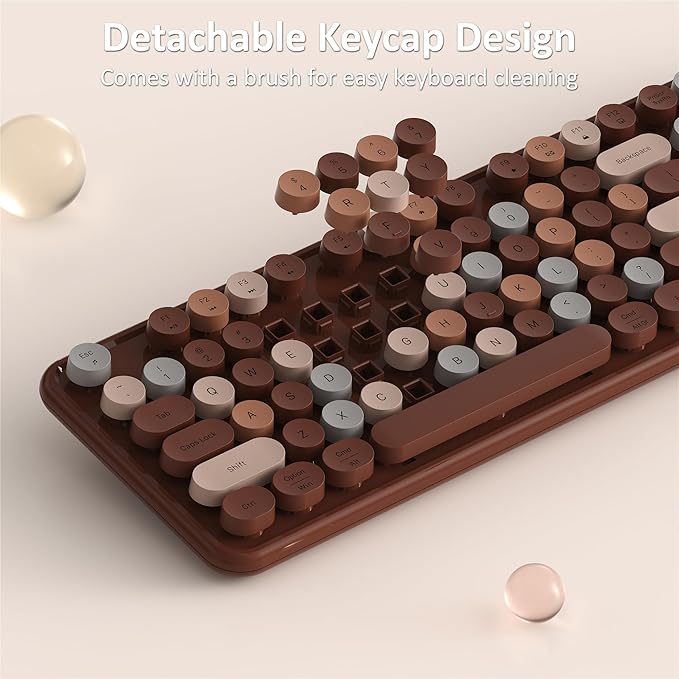 Links9+ Wireless Keyboard and Mouse, Full-Size Retro Typewriter Keyboard with Round Keycaps, 2.4GHz for Windows, Mac, Laptop, PC, Desktop (Coffee Colorful)