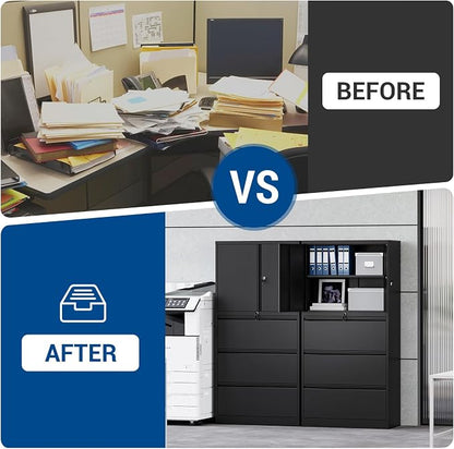Fesbos 3 Drawers Lateral File Cabinet with Lockable Drawer and Door- Large Steel Filing Cabinet for Home Office Hanging Files Letter/Legal/F4/A4 Size