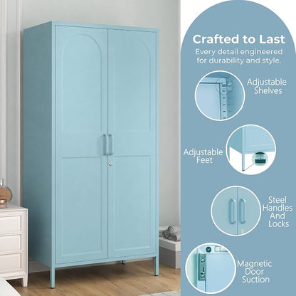 67" Metal Wardrobe Cabinet with Lock,Multi-Functional Locker with Adjustable Shelves and Hanging Rod,2 Door Storage Cabinet for Home, Bedroom,Cloak Room, Office Blue