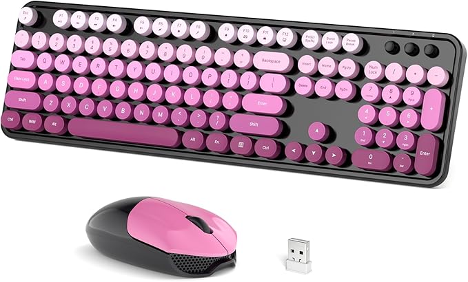 Dilter Wireless Keyboard Mouse Combo, Typewriter Full Size Keyboard with Number Pad and 2 in 1 USB Connected Mouse for Windows 7/8/10, Laptop, Desktop, PC, Computer (Black & Pink)