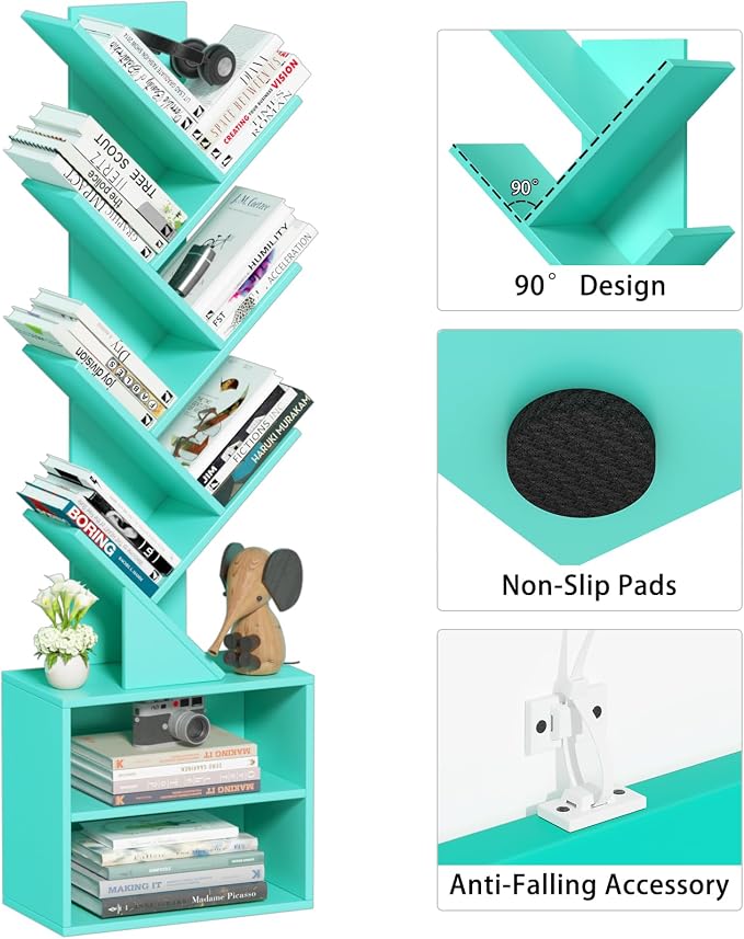 SHEEPAM 10 Tier Tree Bookshelf,Floor Standing Wood Tall Bookcase for Narrow Space, Storage Organizer Bookshelves for Books, Book Case for CDs/Movies/Books,Home Office,Living Room, Bedroom