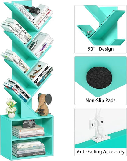 SHEEPAM 10 Tier Tree Bookshelf,Floor Standing Wood Tall Bookcase for Narrow Space, Storage Organizer Bookshelves for Books, Book Case for CDs/Movies/Books,Home Office,Living Room, Bedroom