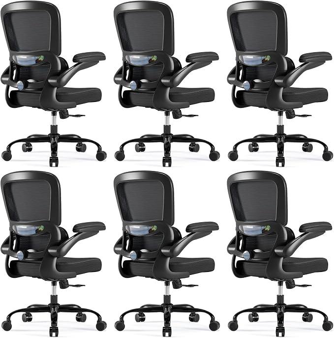 TRALT Ergonomic Office Chair - Desk Chair with Adjustable Headrest Lumbar Support Computer Chair - Mesh Comfy Chair with Flip-up Armrests - Gaming Chair for Adults Home Office PU, Black, Pack of 6