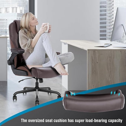 Flysky Executive Ergonomic Office Chair - Big and Tall Office Chair for Heavy People, PU Leather, Lumbar Support, Flip-up Armrest, High Back, Height Adjustable, Brown