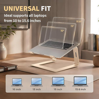 Orionstar Ergonomic Laptop Stand, Premium 5mm Aluminum Riser for 10-15.6 Inch Notebook Computer, Tool-Free Detachable Elevator Holder for Desk Office, Sturdy Riser for Eye-Level Neck Relief (Gold)