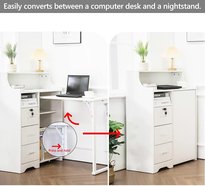 Folding Desk with Storage,Hidden Desk with Lockable Drawers & Shelves, Built-in Power Outlet,Fold Out Desk for Study and Home Office