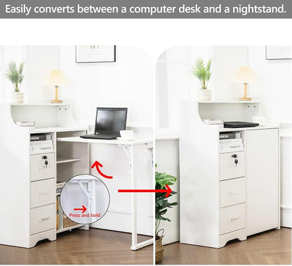 Folding Desk with Storage,Hidden Desk with Lockable Drawers & Shelves, Built-in Power Outlet,Fold Out Desk for Study and Home Office