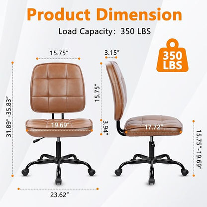CLATINA Armless Home Office Chair with Lumbar Support and Wheels, Small PU Leather Ergonomic Low Back Desk Chairs No Arms, Adjustable Height 360° Swivel Rolling Computer Task Chair, Brown, 6 Pack