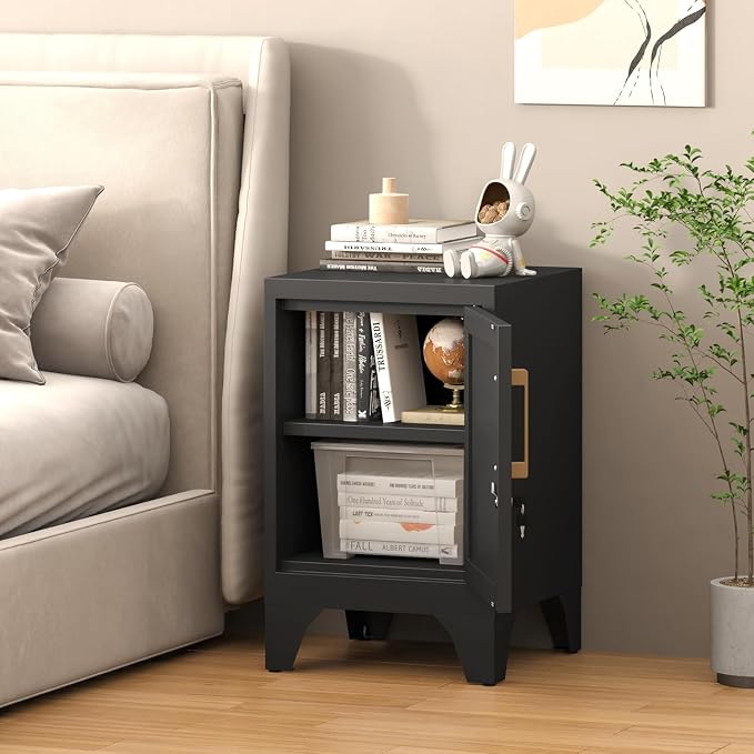 23.6"H Black Metal Locker Nightstand with 1 Lockable Door and 1 Adjustable Shelf, Small Storage Cabinet with Detachable Legs and Vintage Handle for Home Office,Living Room or Bedroom,Easy Assembly