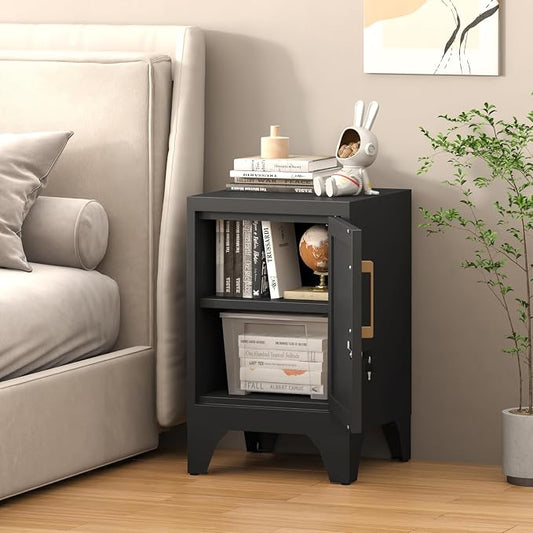 23.6"H Black Metal Locker Nightstand with 1 Lockable Door and 1 Adjustable Shelf, Small Storage Cabinet with Detachable Legs and Vintage Handle for Home Office,Living Room or Bedroom,Easy Assembly