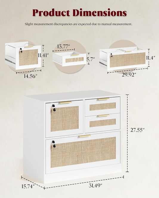 HOPUBUY 4 Drawer File Cabinet with Lock, Printer Stand Lateral Filing Cabinets for Home Office and School, Wood Rattan File Cabinet for Hanging Files/Letter/Legal/A4/F4 Size, White