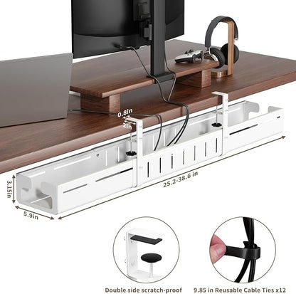 Under Desk Cable Management, Expandable 25.2"–38.6" Cable Management Under Desk No Drill, Heavy Duty Carbon Steel with Clamp, Hidden Cord Organizer for Desk, Home Office Standing Desk White