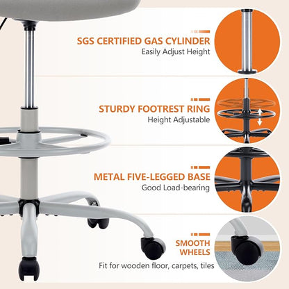 Sweetcrispy Tall Drafting Office Desk Chair - Ergonomic High Stool Computer Chair with Adjustable Height and Comfy Lumbar Support, Rolling Counter Height with Flip-up Arm and Footrest, Grey