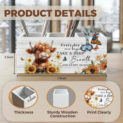 Motivational Highland Cow Pencil Pen Holder for Desk Organizer, Motivational Gifts, Farmhouse Highland Cow Nursery Wooden Box Decorations for Home Office Kids Room Desk Tabletop Decor