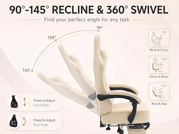 Office Desk Computer Gaming Chair for Adults, Ergonomic High Back Gamer Chair with Massage and Pocket Spring Cushion, Swivel Comfy Video Game Chairs with Footrest and Lumbar Support (Pro Beige)